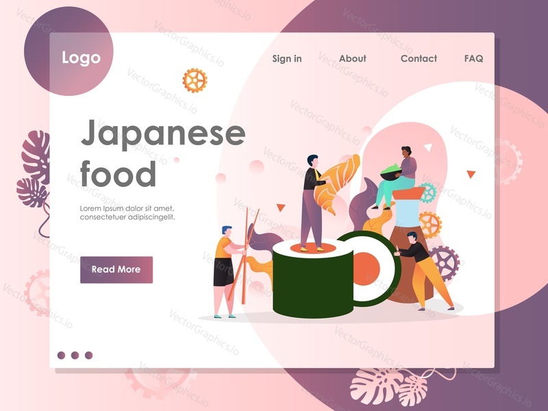 Шаблон векторного сайта японской кухни, дизайн веб-страницы и целевой страницы для разработки веб-сайтов и мобильных сайтов. Традиционная азиатская кухня, суши-бар, концепция ресторана.