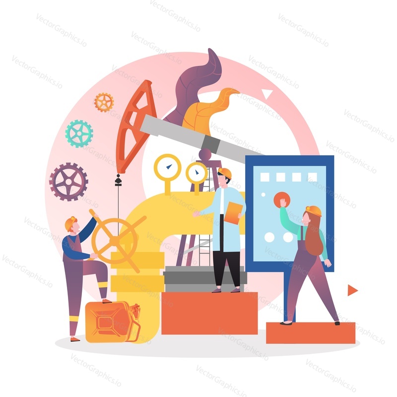 Petroleum industry, vector illustration. Pump jack machine, oilman working on pipeline, woman oil refinery control room operator. Oil production and transportation concept for website page etc.
