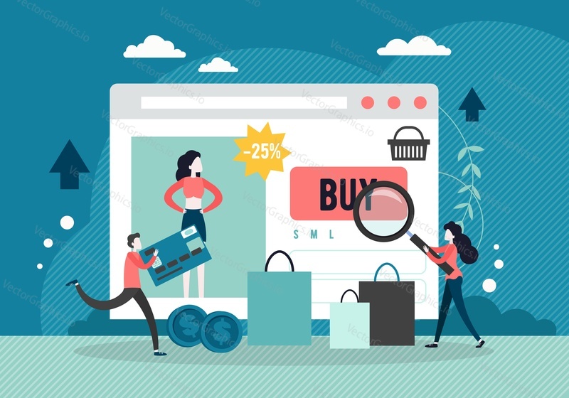 Male and female characters shopping online, choosing and buying clothes in internet store with magnifying glass, credit card, vector flat style design illustration. Online payment, internet shop.