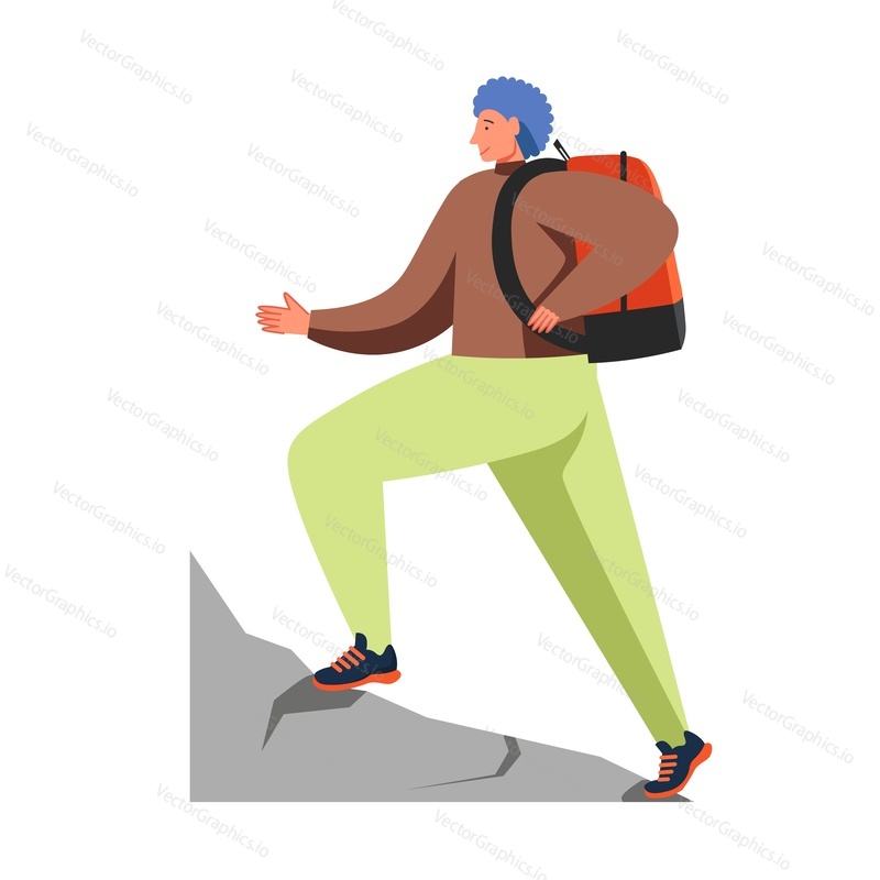 Man traveler hiker with backpack, vector flat isolated illustration. Travel, hiking, trekking, adventure concept for web banner, website page etc.