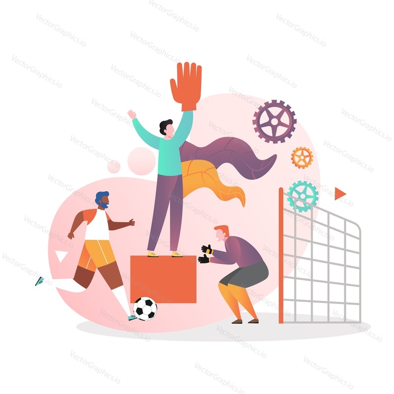 People playing football, goalkeeper defending soccer goal, vector illustration. Football game school competition concept for web banner, website page etc.