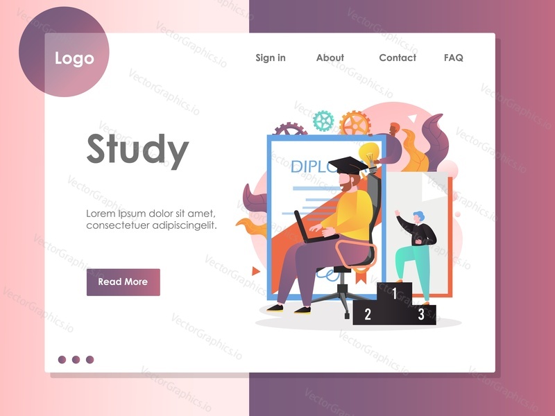 Study vector website template, web page and landing page design for website and mobile site development. Online training, education, diploma courses, graduation, degree program.
