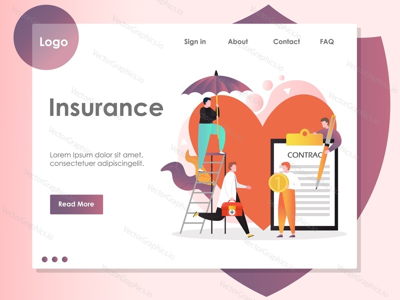 Insurance vector website template, web page and landing page design for website and mobile site development. Medical care, health insurance services.
