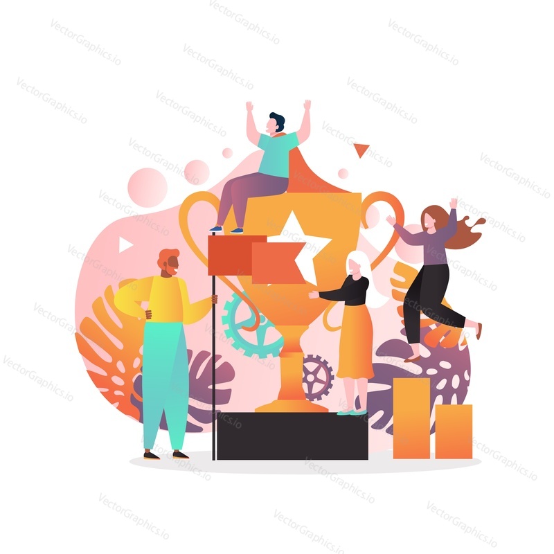 Huge cup trophy and successful tiny business people celebrating victory, vector illustration. Winners, team achievements concept for web banner, website page etc.