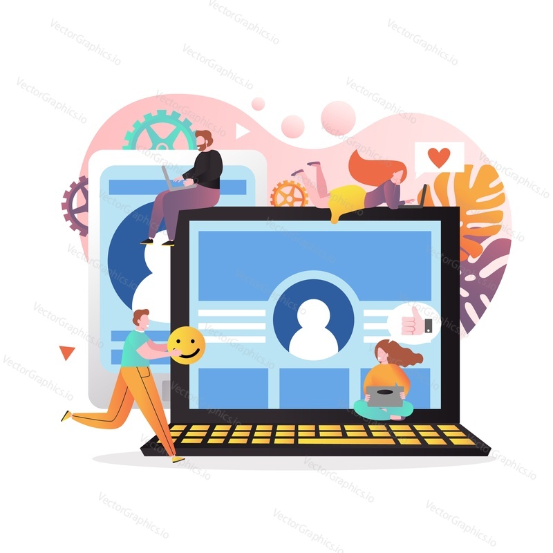 Huge laptop and tablet, tiny characters using social networking sites, vector illustration. Social media communication technology concept for web banner, website page etc.