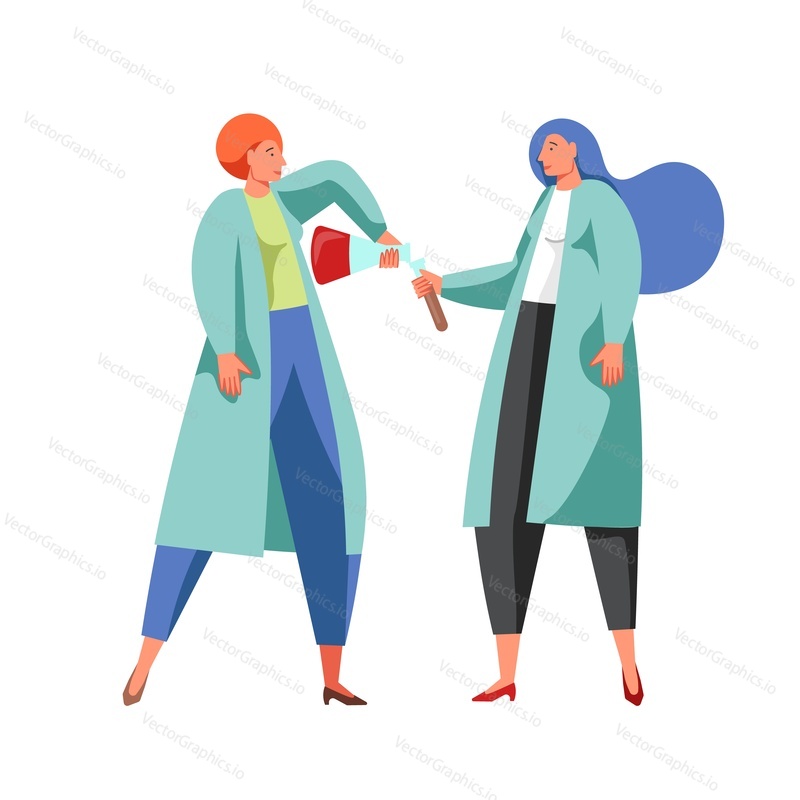 Two women scientists lab attendants carrying out science experiment using laboratory glassware, vector flat isolated illustration. Scientific research, education concept for web banner, website page.