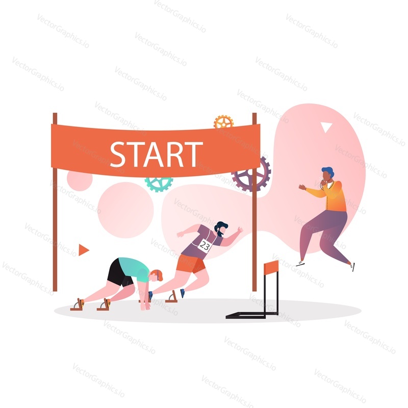 Athletes male characters at starting line, vector illustration. Athletics, track and field competitive running event concept for web banner, website page etc.