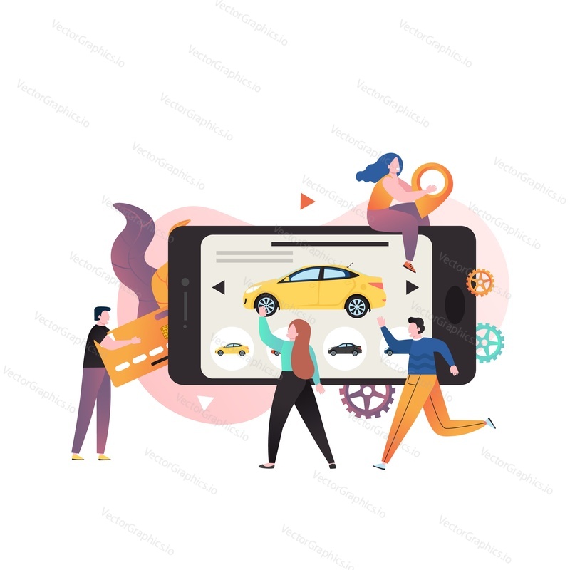 Микро-мужские и женские персонажи, использующие огромный смартфон для аренды автомобиля и оплаты онлайн, векторная иллюстрация. Композиция каршеринга для веб-баннера, страницы веб-сайта и т.д.