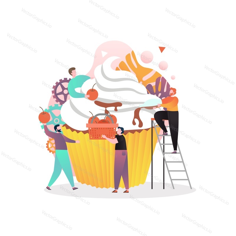 Tiny happy people making big tasty cherry cupcake, vector illustration. sweets production, confectionery, pastry composition for web banner, website page etc.