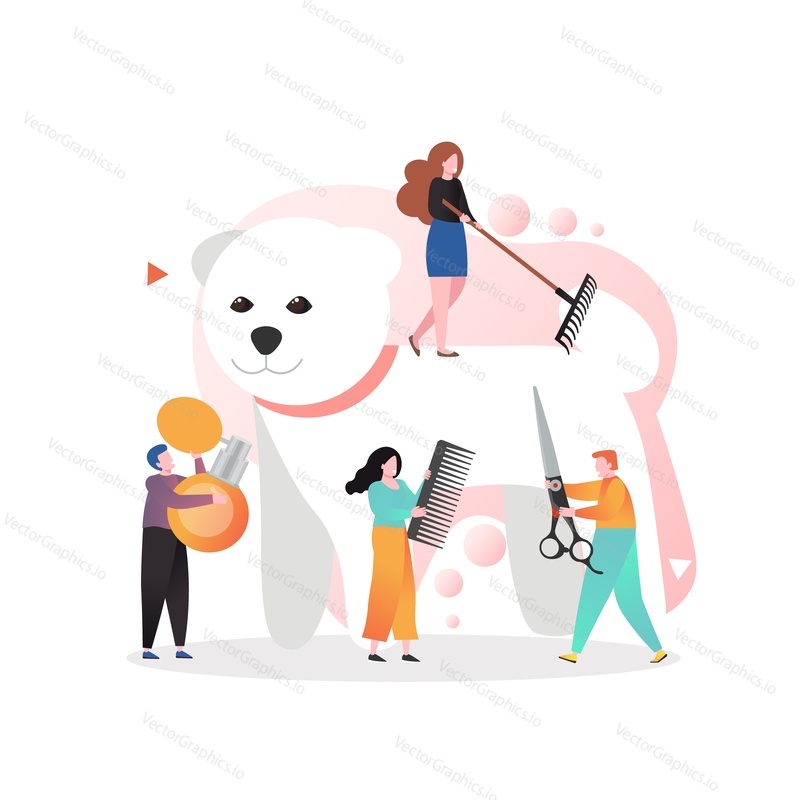 Huge cute puppy getting haircut, micro male and female characters pet groomers providing dog grooming services, vector illustration. Barber pet salon composition for web banner, website page etc.
