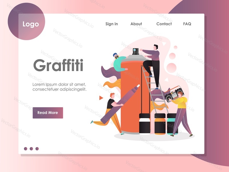 Graffiti vector website template, web page and landing page design for website and mobile site development. Street art concept with artists and decorative spray tools and accessories.