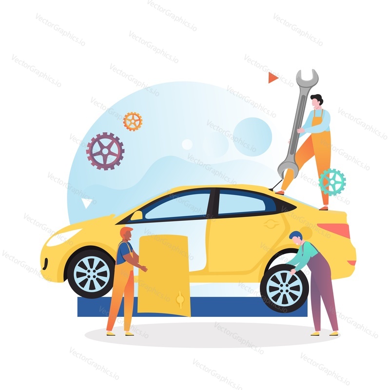 Car service and repair vector concept illustration. Mechanics fixing or replacing broken car door and tire. Auto dody repair shop concept for web banner, website page etc.