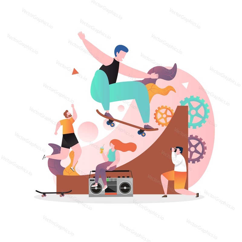 Young man jumping in air performing ramp trick using skateboard in skate park, vector illustration. Skateboarding, summer extreme sports concept for web banner, website page etc.