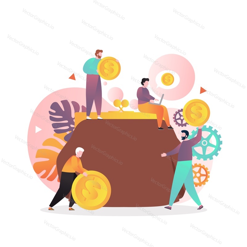Tiny people putting big dollar coins into huge purse, vector illustration. Business and finance, saving money, investment concept for web banner, website page etc.