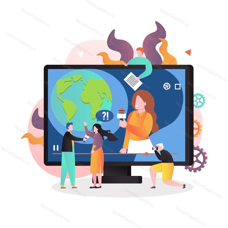 Online news and reportage, vector illustration. Mass media, live, breaking world news and headlines concept with journalists, reporters, newscaster characters for web banner, website page etc.