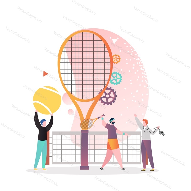 Huge tennis racket and ball, micro male characters players and umpire with whistle, vector illustration. Tennis individual racket sport game concept for web banner, website page etc.