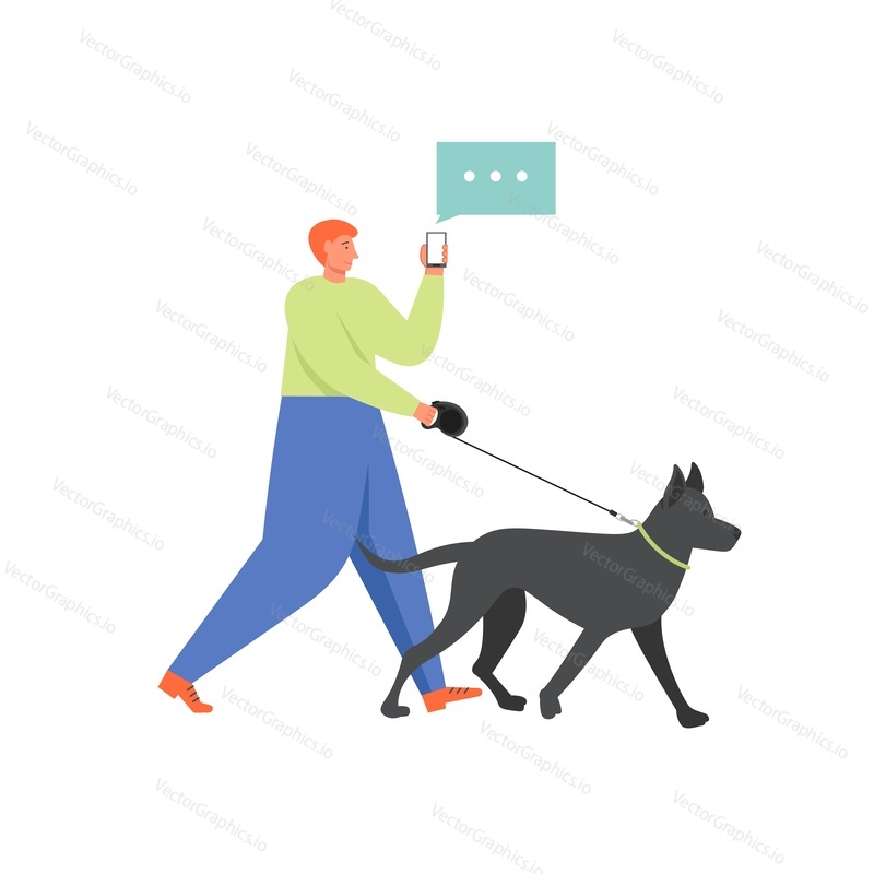 Man walking dog in park and sending text messages using smartphone and wifi access or mobile internet, vector flat isolated illustration. Wireless networking technology concept for website page etc.