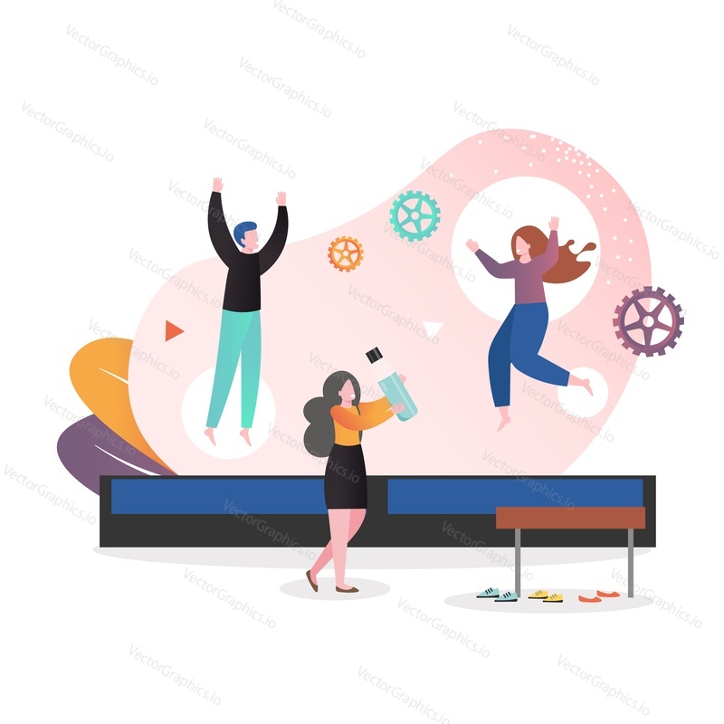 Young people having fun while bouncing on trampoline, vector illustration. Trampoline for adults, sport and recreation concept for web banner, website page etc.