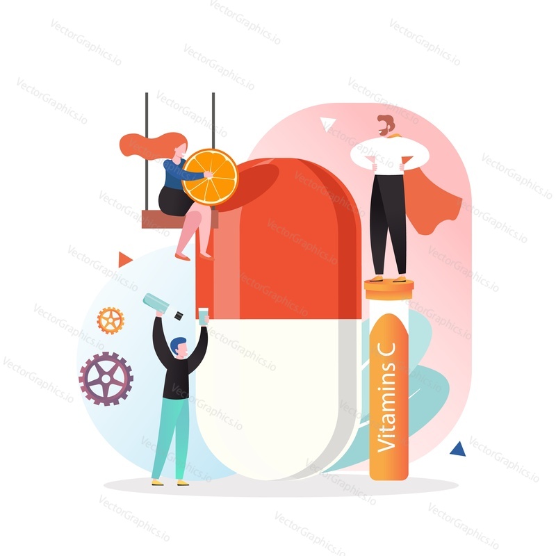 Huge vitamin capsule pill and micro male and female characters, vector illustration. Vitamin and mineral supplements for health improvement concept for web banner, website page etc.