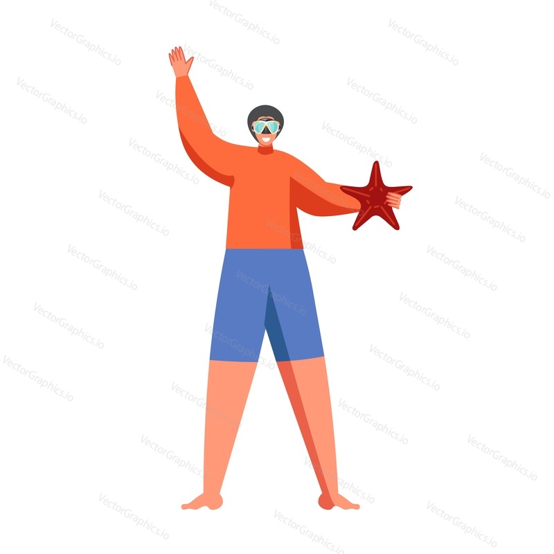 Man snorkeler in diving mask holding starfish, vector flat illustration isolated on white background. Snorkeling, summer water sport concept for web banner, website page etc.