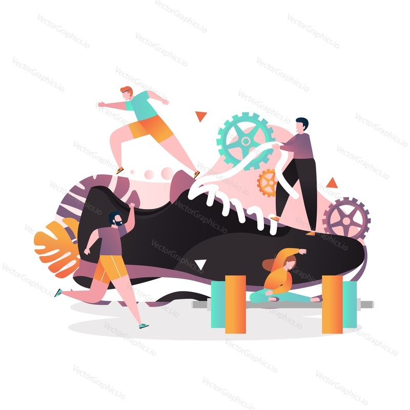 Huge athletic shoe and tiny people doing sports, vector illustration. Sport sneaker shoes for gym training, workout, running etc.