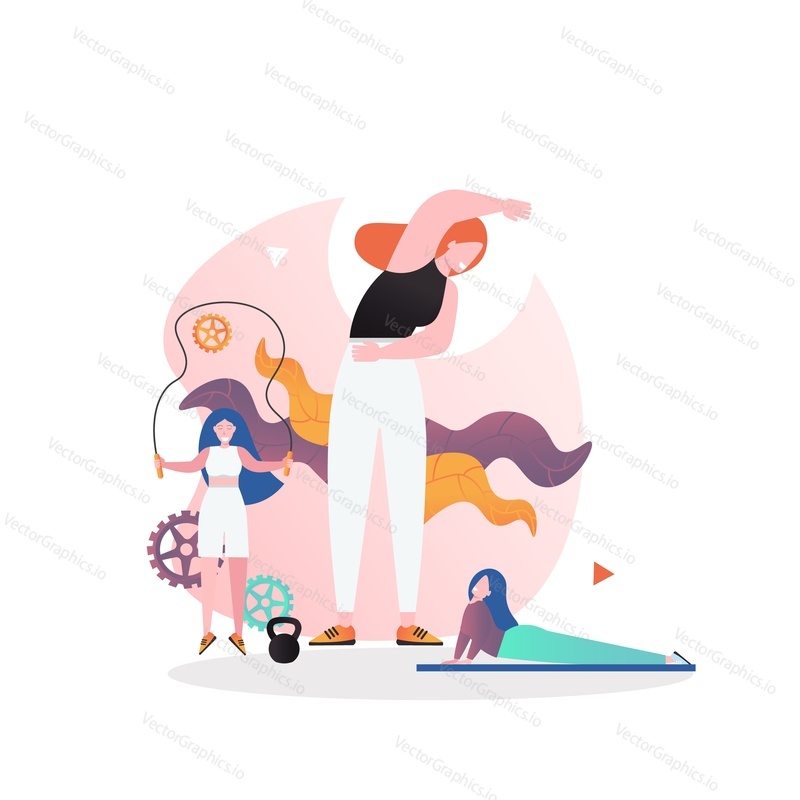 Women doing jumping rope, mat, stretching exercises, vector flat illustration. Fitness gym training concept for web banner, website page etc.