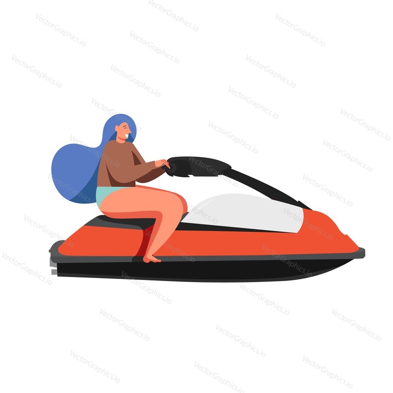 Женщина, едущая на водном скутере, векторная плоская иллюстрация, изолированная на белом фоне. Концепция летнего водного спорта для веб-баннера, страницы веб-сайта и т.д.