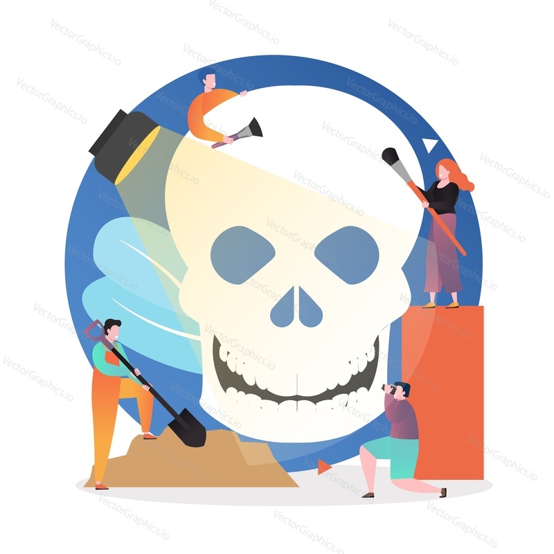 Micro male and female characters archaeologists cleaning huge human skull from soil, vector illustration. Ancient artifacts concept for web banner, website page etc.