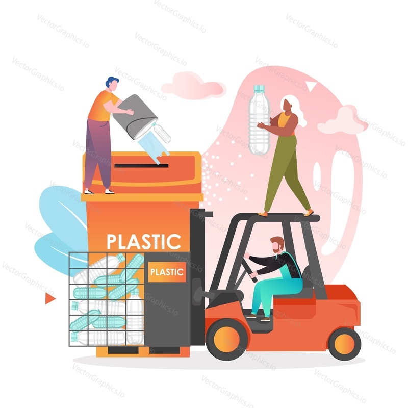 Forklift truck with empty plastic bottles, micro male and female characters putting plastic garbage into huge orange container, vector illustration. Waste sorting for recycling concept.
