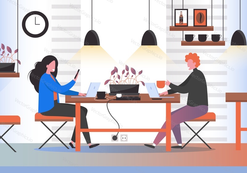 Freelancers man and woman working on laptops while sitting at table in coworking space, vector illustration. Freelance concept for web banner, website page etc.
