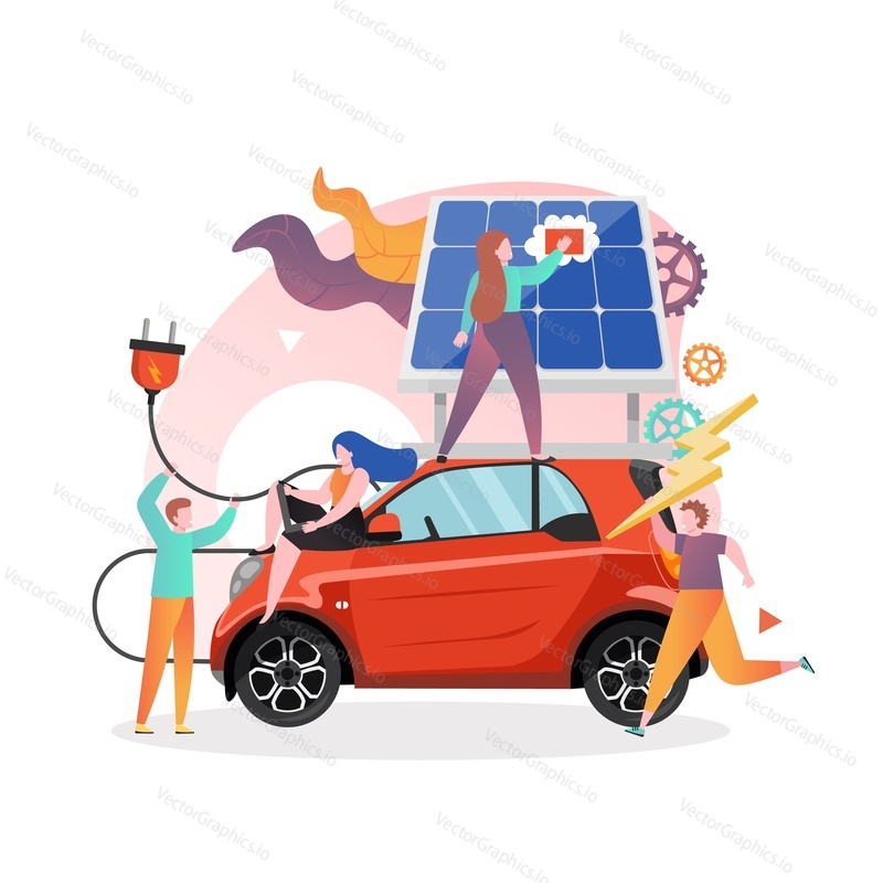 Electric car charging at charger station for electric vehicles in front of solar panels, male and female characters, vector illustration. Eco transport, solar charging station concept.