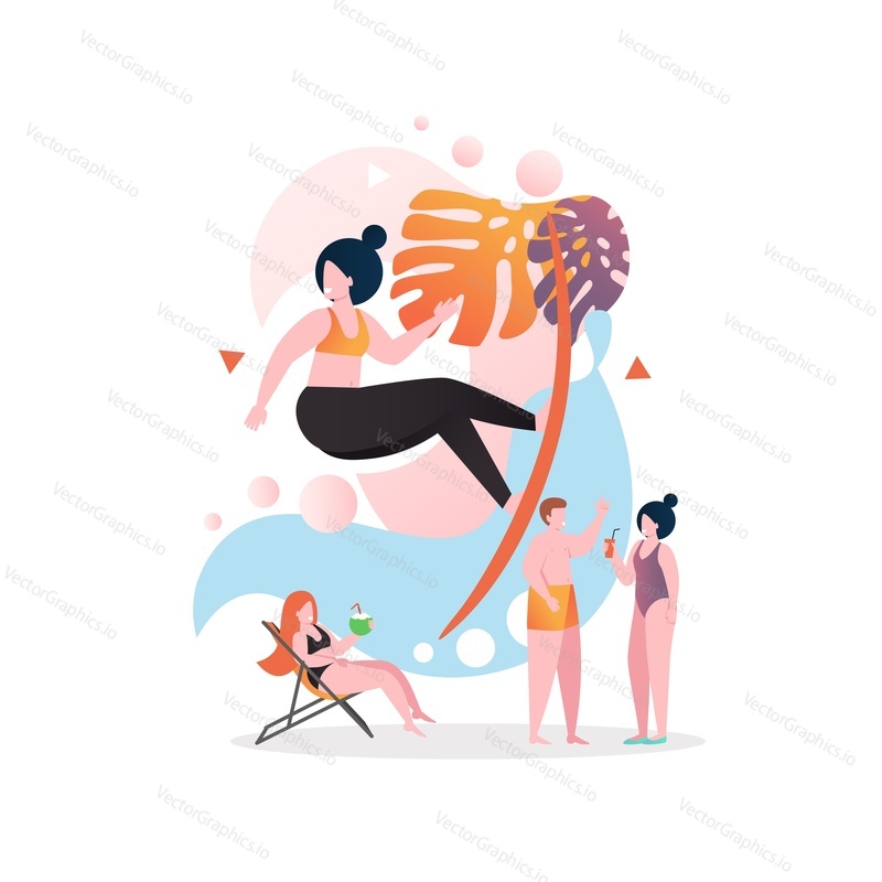 People taking rest on beach, sunbathing, drinking cold summer cocktails, surfing, vector illustration. Summer vacation, holiday, beach activities composition for web banner, website page, etc.