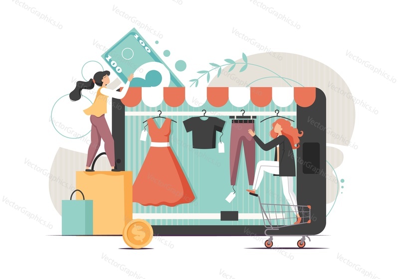 Huge tablet with awning, micro female characters choosing clothes in internet store and paying online, vector flat style design illustration. E-commerce, online shopping concept.