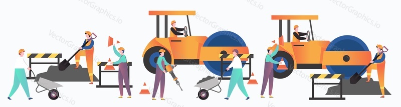 Asphalt paving and repair services set, vector illustration. Male characters workers driving yellow asphalt compactor roller, working with jackhammer wheelbarrow shovel. Asphalt pavement installation.