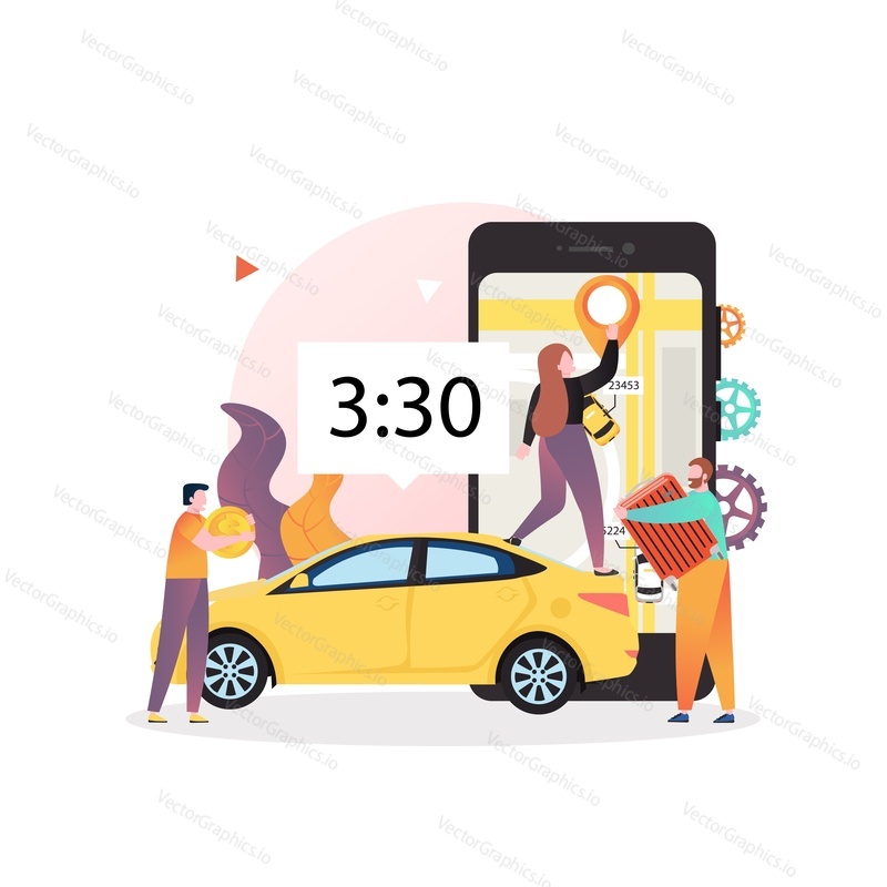 Иллюстрация векторной концепции сервиса каршеринга. Огромный смартфон, микро-персонажи мужского и женского пола, желтый автомобиль. Концепция онлайн-проката автомобилей для веб-баннера, страницы веб-сайта и т.д.