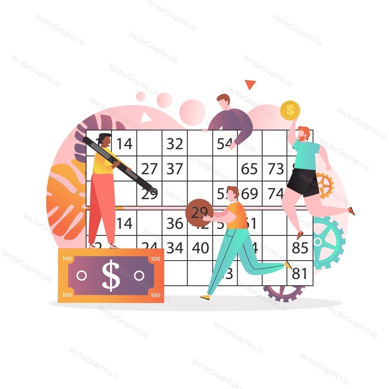 People playing lotto game vector illustration. Tiny characters marking chosen numbers on huge play slip. Lottery gambling concept for web banner, website page etc.