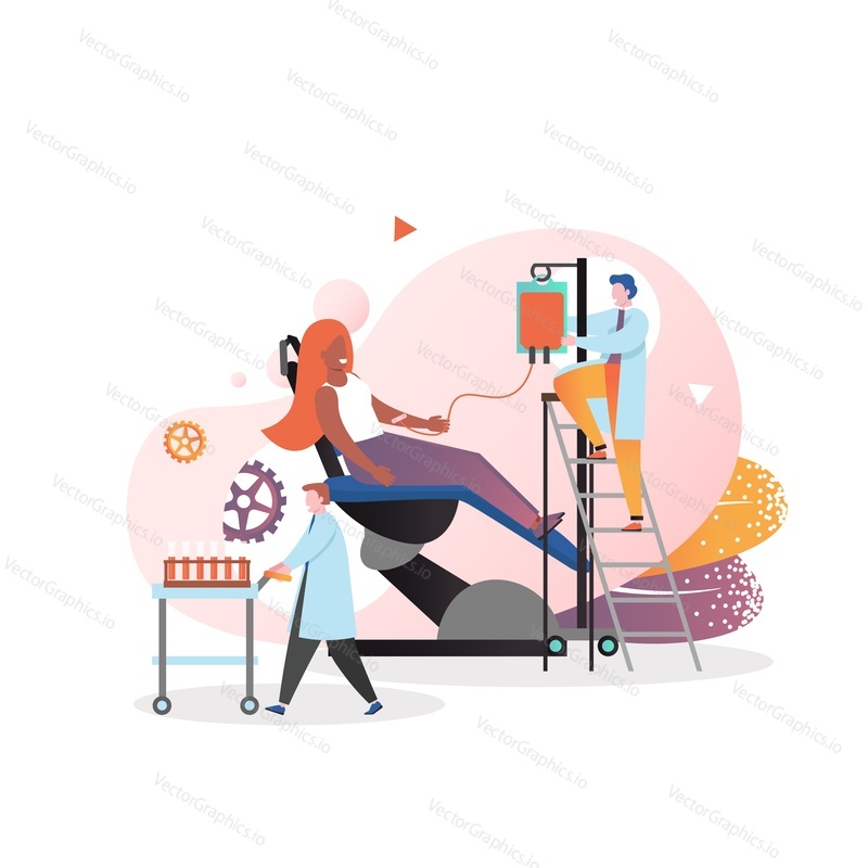 Blood donor female character donating blood while sitting in medical hospital chair, vector illustration. Blood donation, transfusion concept for web banner, website page etc.
