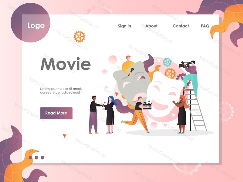 Шаблон веб-сайта Movie vector, дизайн веб-страницы и целевой страницы для разработки веб-сайтов и мобильных сайтов. Кинематография, киноиндустрия, кинопроизводство, видеосъемка.