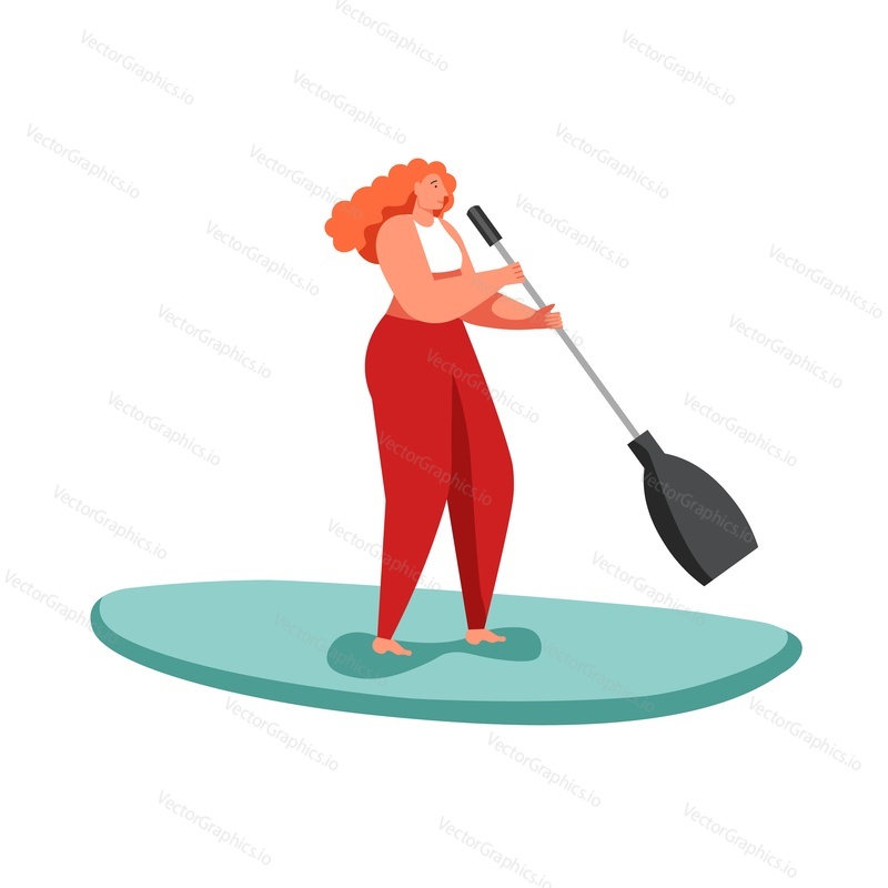 Woman standing on paddle board, vector flat illustration isolated on white background. Stand up paddle boarding, summer water sport concept for web banner, website page etc.