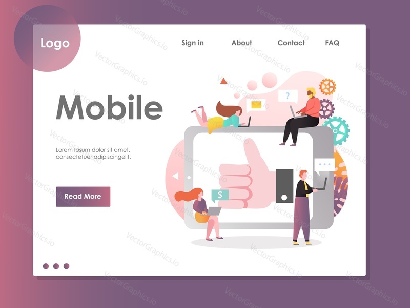Mobile vector website template, web page and landing page design for website and mobile site development. People using mobile IT devices tablet and laptop computers.