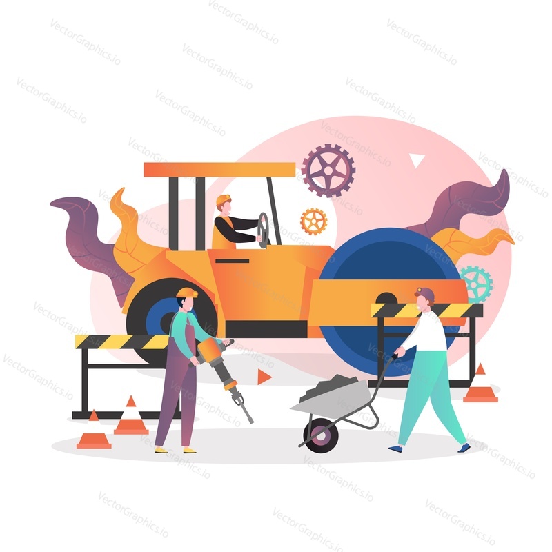 Road repair, maintenance and construction vector illustration. Male characters workers driving yellow asphalt compactor roller, working with jackhammer, wheelbarrow. Asphalt paving and repair services