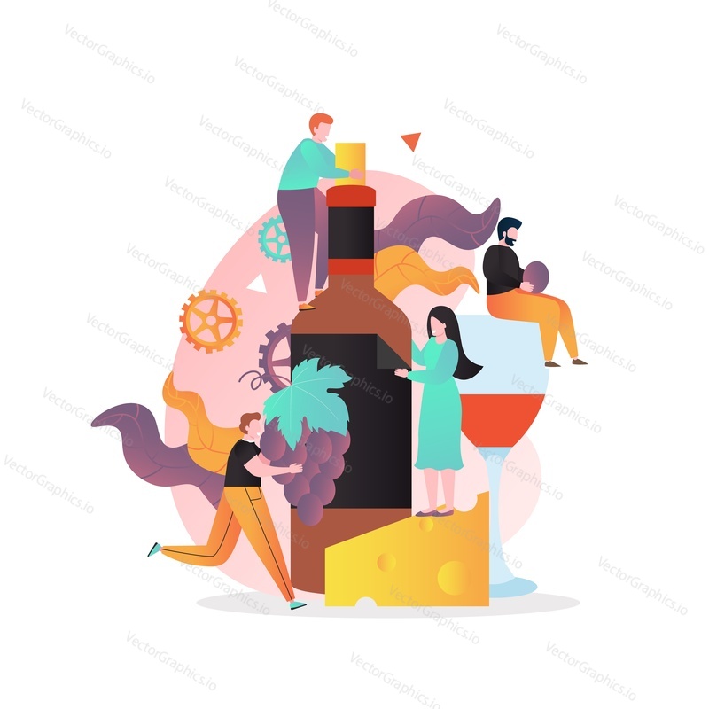 Huge wine bottle, wineglass, cheese, bunch of grapes and tiny characters, vector illustration. Wine event, tasting, festival, winery concept for web banner, website page etc.