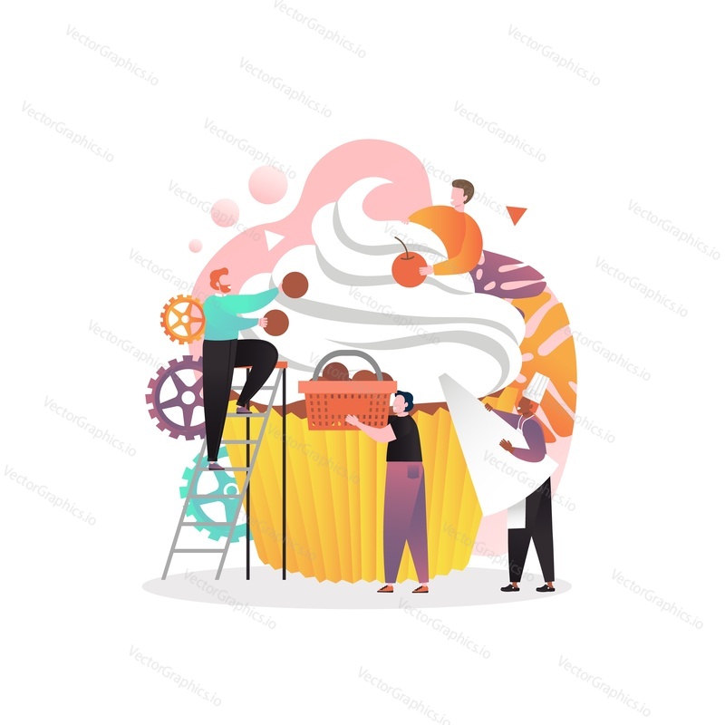 Tiny people decorating huge cupcake with cream and cherry, vector illustration. Sweet pastry, confectionery, bakery concept for web banner, website page etc.