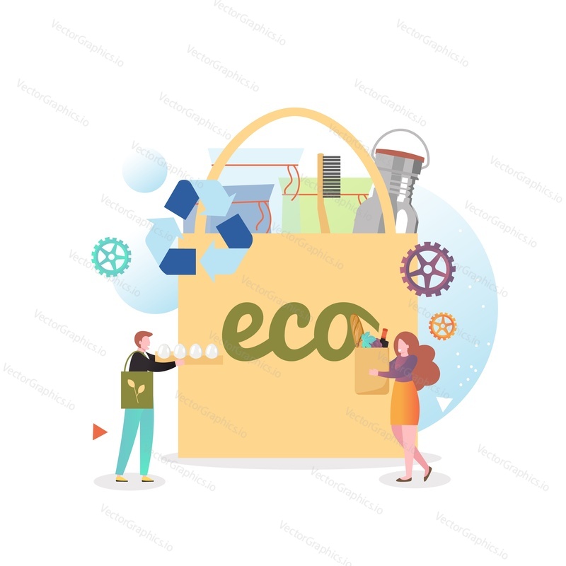 Huge eco cloth shopping bag with reusable bottle, toothbrush, recycling symbol, micro male and female characters, vector illustration. Eco lifestyle, no plastic concept.