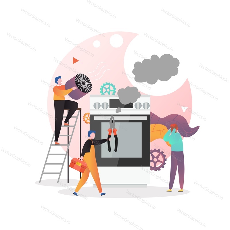 Professional handyman repairman electrician fixing broken oven in kitchen, vector illustration. Home appliances repair and service concept for web banner, website page etc.