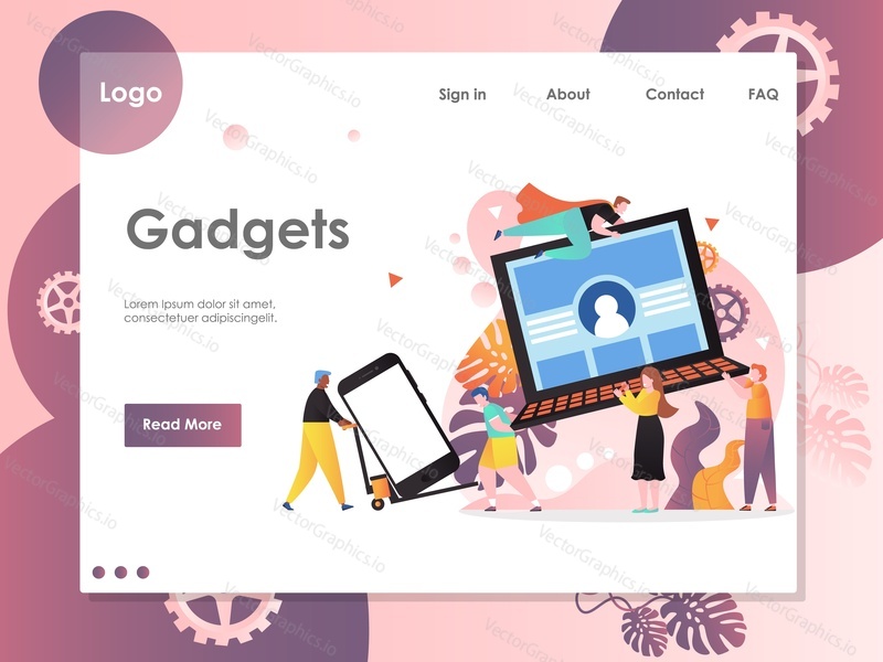 Gadgets vector website template, web page and landing page design for website and mobile site development. People with laptop computer and smartphone, popular mobile devices.