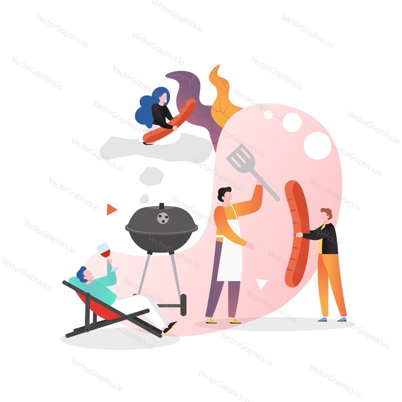 People cooking meat, sausages on barbeque grill, eating and having fun, vector illustration. Professional catering service composition for web banner, website page etc.