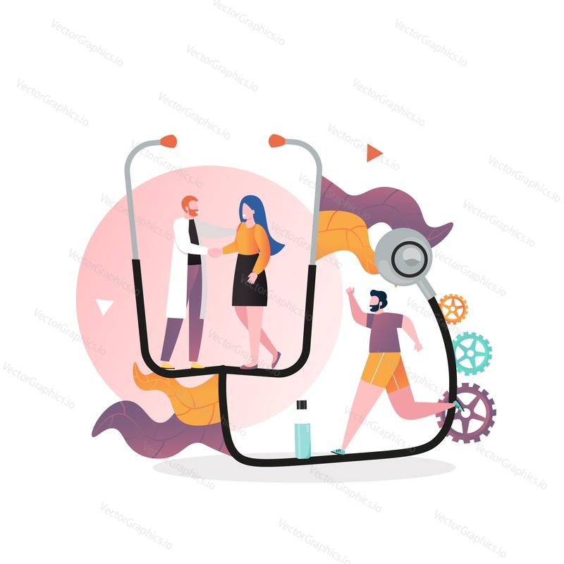 Healthcare vector concept illustration. Male and female characters doctor talking to his patient, stethoscope. Medical exam, consultation concept for web banner, website page etc.