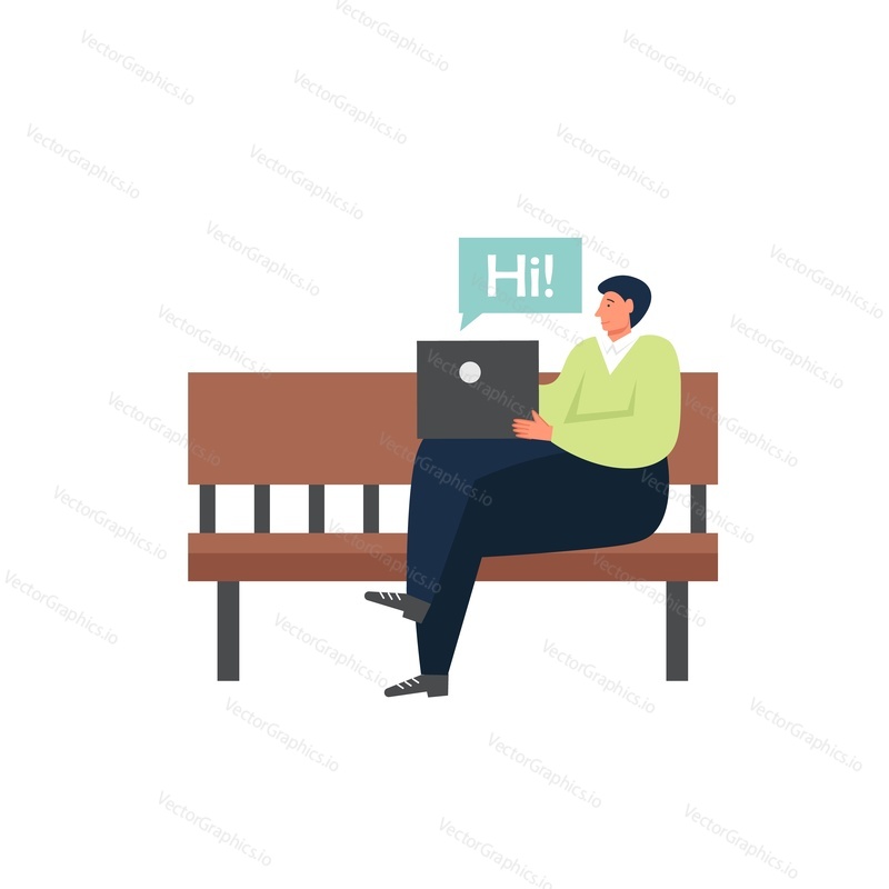 Man working on laptop sitting on bench with Hi message bubble, vector flat isolated illustration. Free public WiFi hotspot zone, wireless networking technology concept for web banner, website page etc