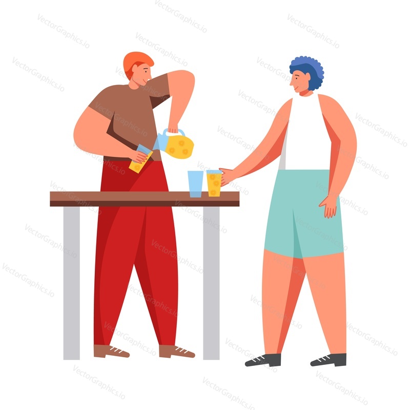 Two men drinking fresh orange lemonade, summer cold drink, vector flat illustration isolated on white background. Beach vacation, summer holidays, summertime, traveling.